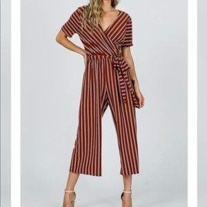 Maroon Pinstriped Cropped Jumpsuit